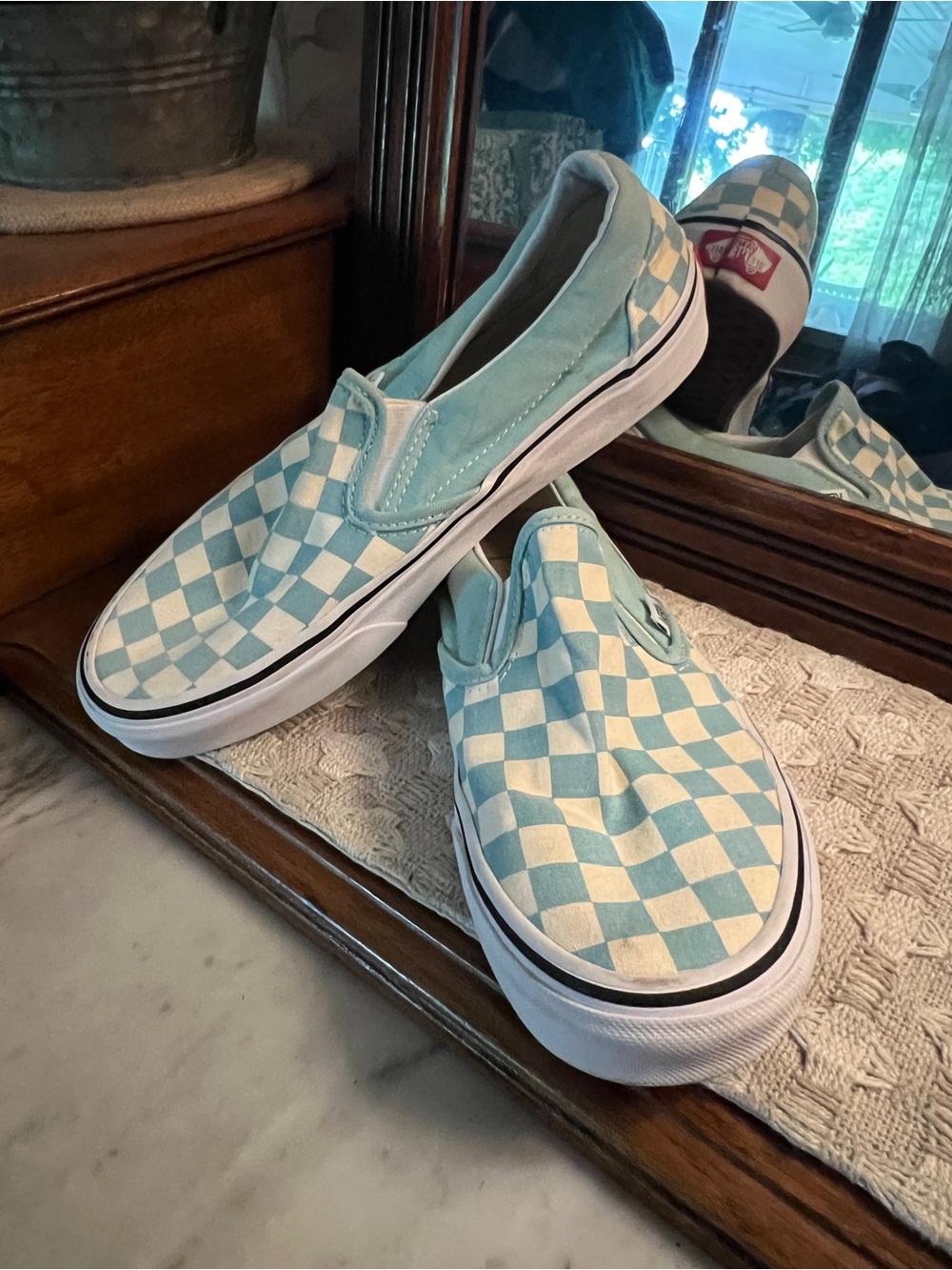 VANS Classic Slip On Checkerboard Canvas Sneakers Streetwear Teal White Wms Sz 7